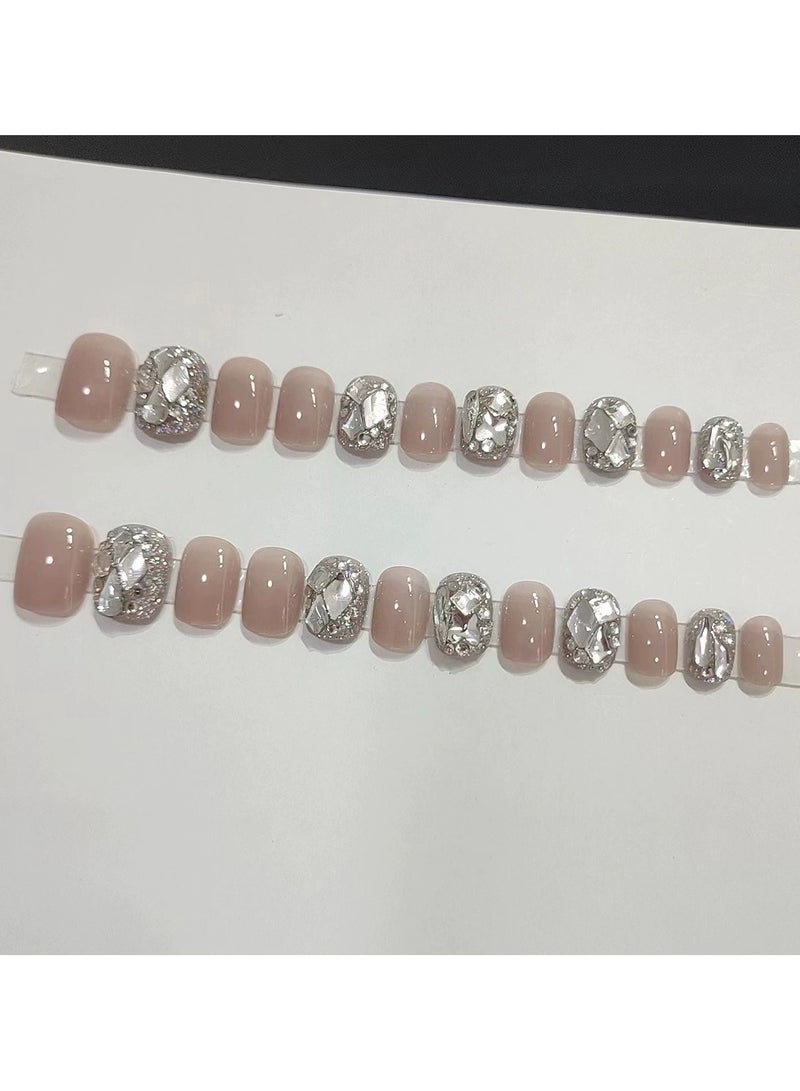 Goolsky أظافر قصيرة شفافة مزينة بالأحجار الكريمة - نصائح أظافر مزيفة فاخرة بالكامل لحفلات النوادي بأسلوب Y2K، 24 قطعة - Image 2