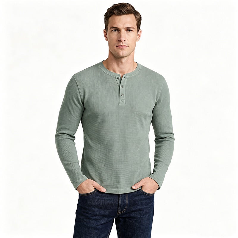 American Henley Waffle Knit Long Sleeve T-Shirt Solid Basic Top Unisex - Image 3