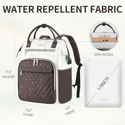 VANKEAN 17 Inch Laptop Backpack for Women Fashion Computer Work Bag Large Capacity Waterproof Backpack College Daypack Business Travel BeigeCoffee - Image 3