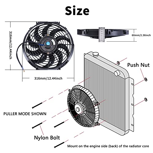 FGJQEFG 12 Inch Universal Slim Fan Push Pull Electric Radiator 12V 80W High Performance Cooling Fan Mount Kit Black 2 Pcs - Image 2
