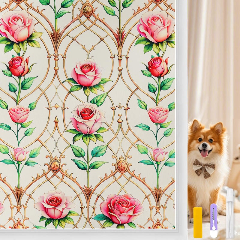 Countewol Frosted Static Cling Window Film, Stained Glass Privacy Film with Rose Pattern, Anti-Glare UV Protection, Removable Decorative Window Clings for Home/Bathroom (Frosted Rose, 17.5 x78.7 in) - Image 1