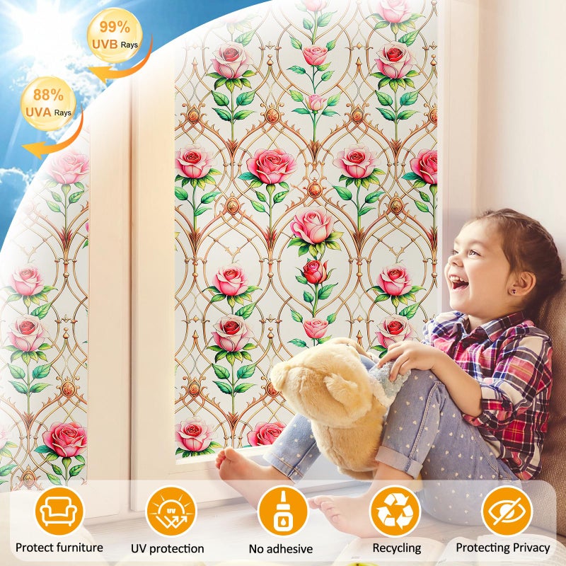 Countewol Frosted Static Cling Window Film, Stained Glass Privacy Film with Rose Pattern, Anti-Glare UV Protection, Removable Decorative Window Clings for Home/Bathroom (Frosted Rose, 17.5 x78.7 in) - Image 3