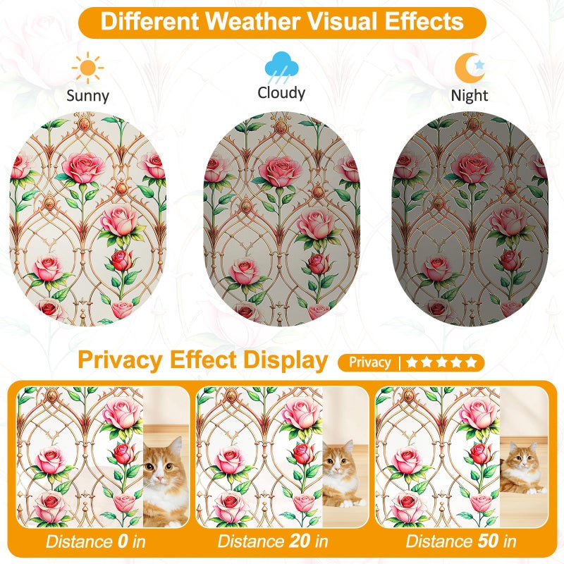 Countewol Frosted Static Cling Window Film, Stained Glass Privacy Film with Rose Pattern, Anti-Glare UV Protection, Removable Decorative Window Clings for Home/Bathroom (Frosted Rose, 17.5 x78.7 in) - Image 4