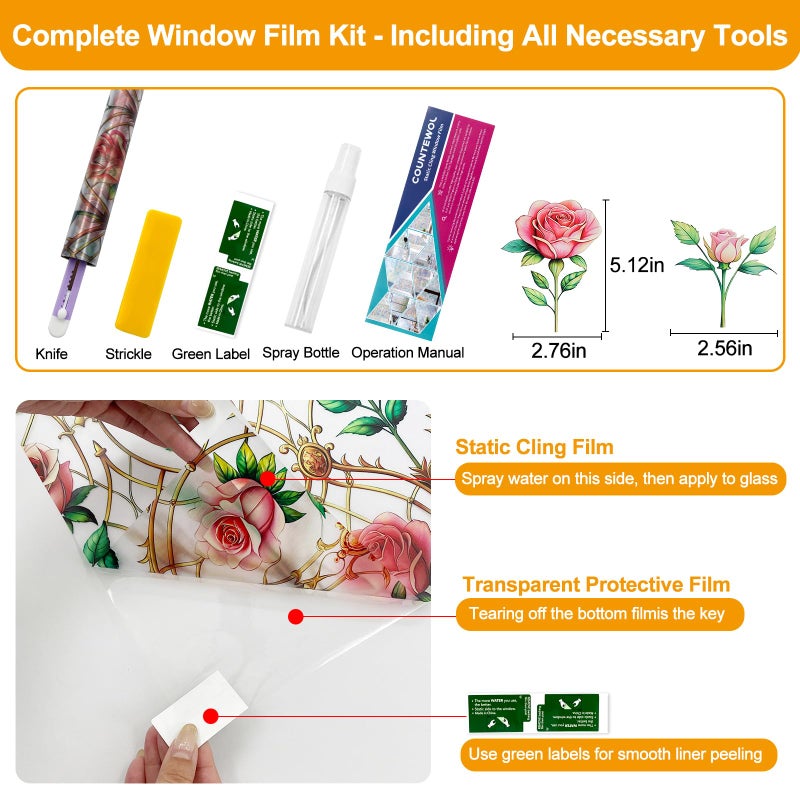 Countewol Frosted Static Cling Window Film, Stained Glass Privacy Film with Rose Pattern, Anti-Glare UV Protection, Removable Decorative Window Clings for Home/Bathroom (Frosted Rose, 17.5 x78.7 in) - Image 2