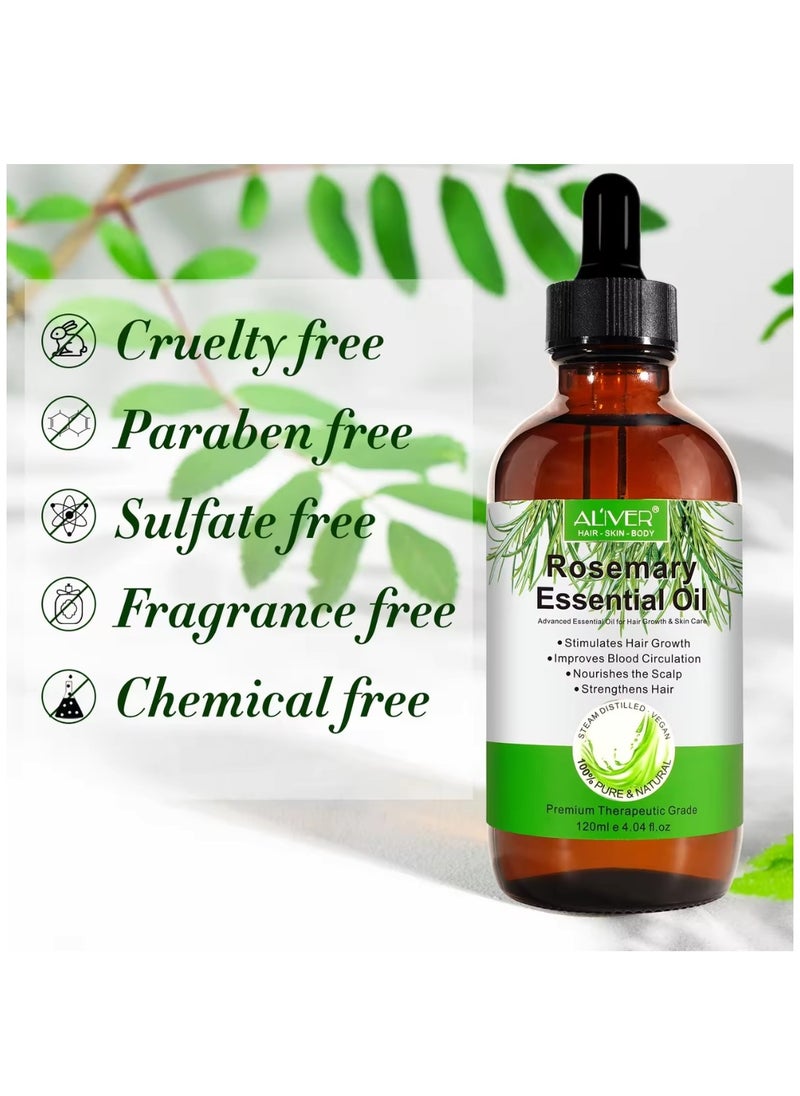 ALIVER - 120ml Rosemary Essential Oil  for Hair Growth Pure Organic Rosemary Oil for Dry Damaged Hair and Growth Hair Scalp Oil  Pure and Natural Premium Quality Oil Hair Loss Treatment Oil for Men and Women - Image 1