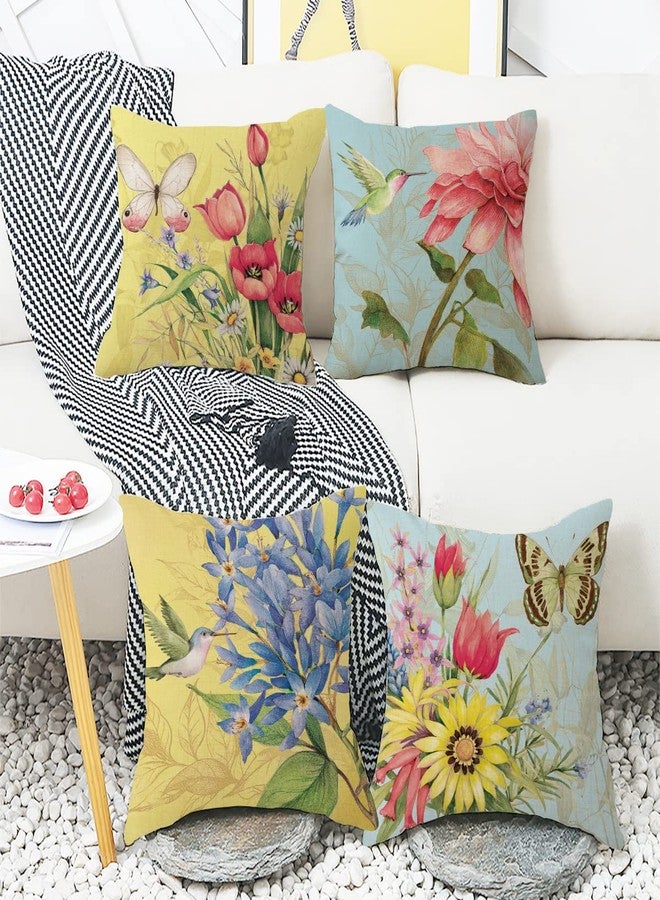 wyooxoo Spring Summer Pillow Covers 18x18 Set of 4 Decorative Throw Pillow Covers Linen Flower Butterfly Farmhouse Pillowcases for Sofa Couch Living Room Outdoor - Image 4