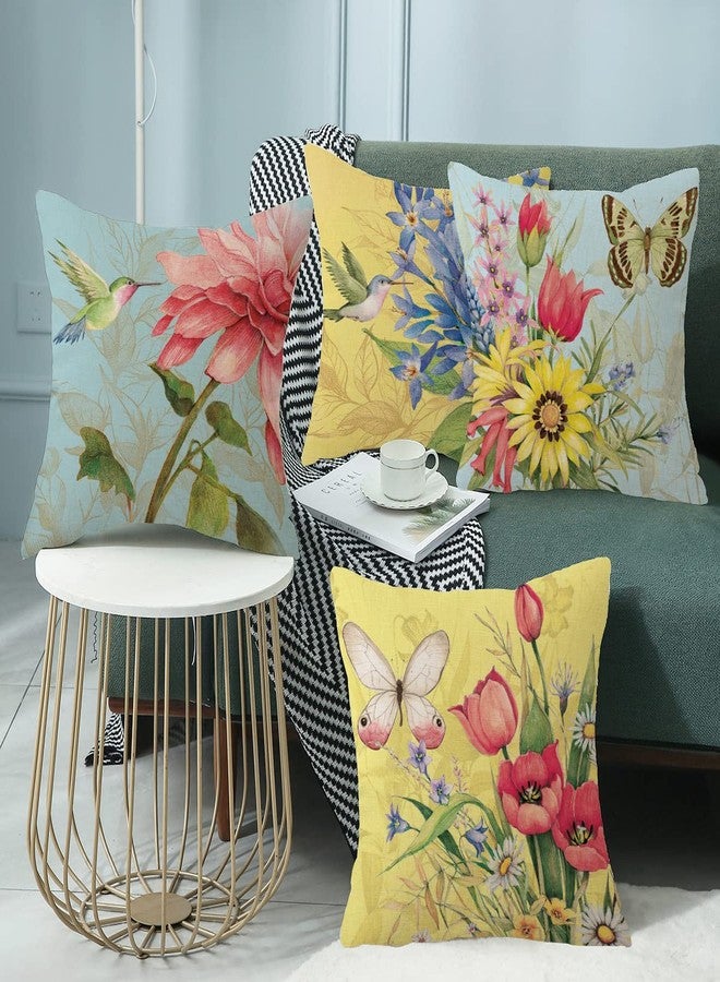 wyooxoo Spring Summer Pillow Covers 18x18 Set of 4 Decorative Throw Pillow Covers Linen Flower Butterfly Farmhouse Pillowcases for Sofa Couch Living Room Outdoor - Image 5