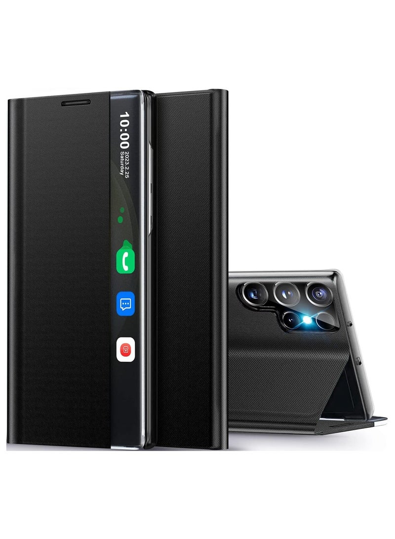 Aookay for Samsung Galaxy S25 Ultra Case with Kickstand, Luxury Flip Slim Mirror View Clear Smart Window for Samsung Galaxy S25 Ultra Cover (Black) - Image 1