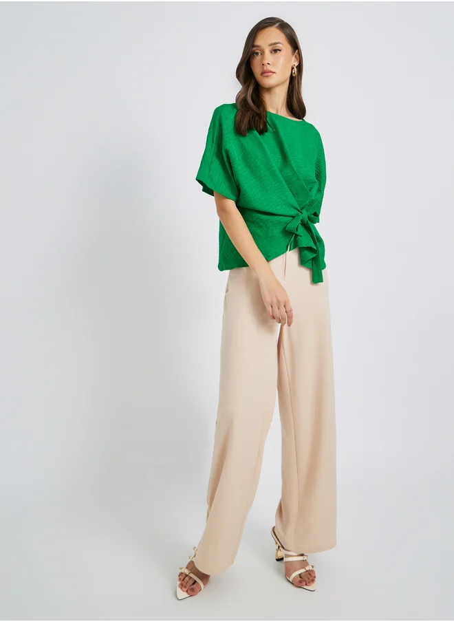 Take Two Solid Asymmetric Hem Wrap Blouse