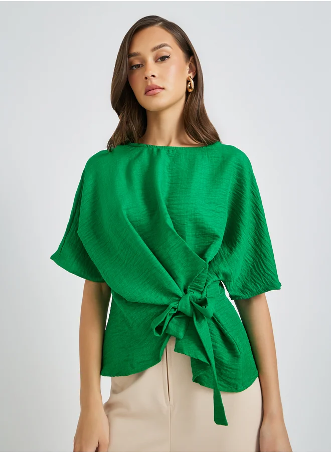Take Two Solid Asymmetric Hem Wrap Blouse