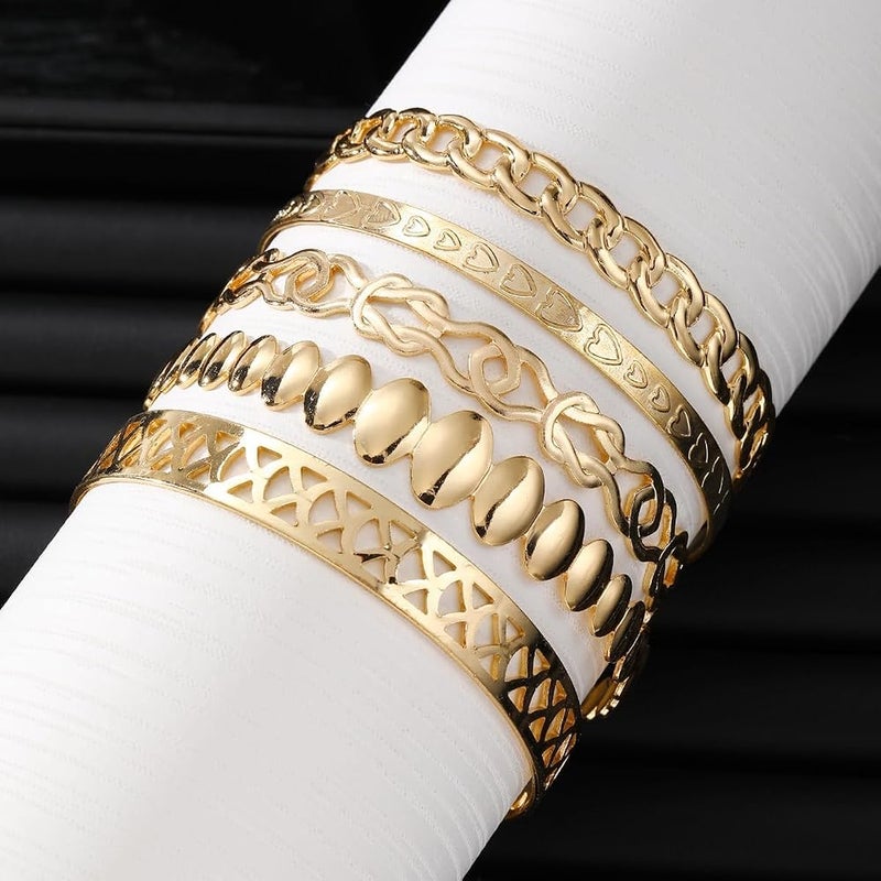 KASTWAVE 5 Pcs Gold Bangles for Women - Open Adjustable Multi-Layer Stackable Cuff Bracelet Set, Fashion Costume Jewelry Gift - Image 5