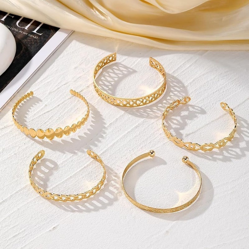 KASTWAVE 5 Pcs Gold Bangles for Women - Open Adjustable Multi-Layer Stackable Cuff Bracelet Set, Fashion Costume Jewelry Gift - Image 4