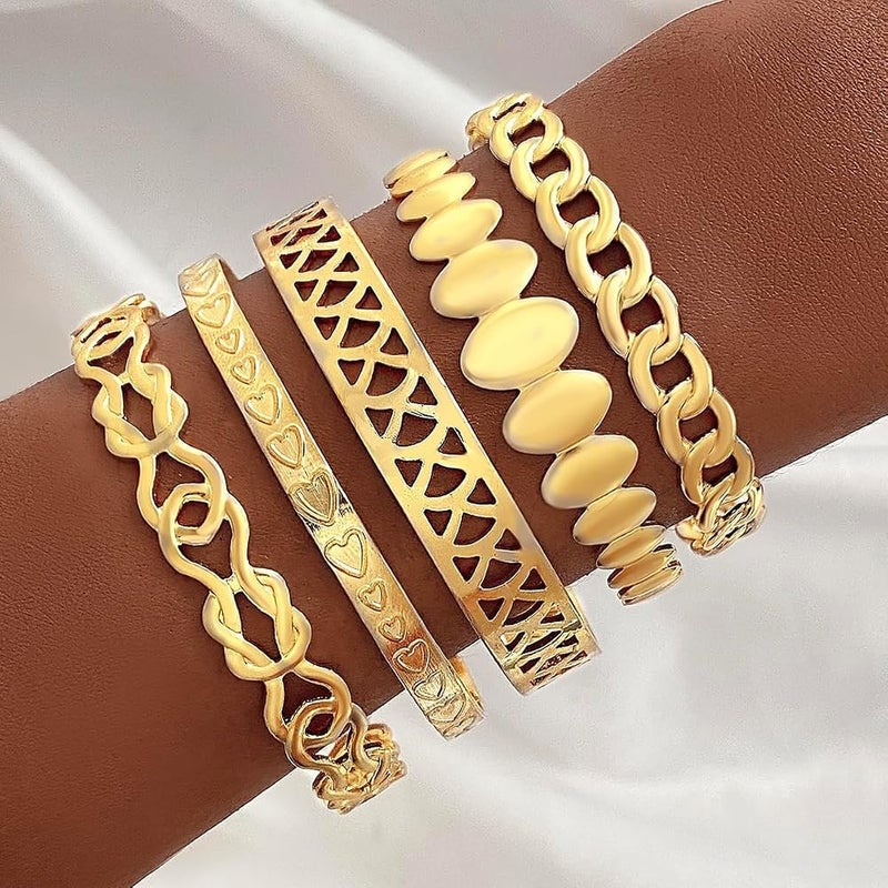 KASTWAVE 5 Pcs Gold Bangles for Women - Open Adjustable Multi-Layer Stackable Cuff Bracelet Set, Fashion Costume Jewelry Gift - Image 2