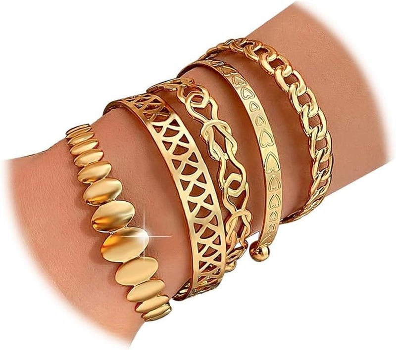 KASTWAVE 5 Pcs Gold Bangles for Women - Open Adjustable Multi-Layer Stackable Cuff Bracelet Set, Fashion Costume Jewelry Gift - Image 1
