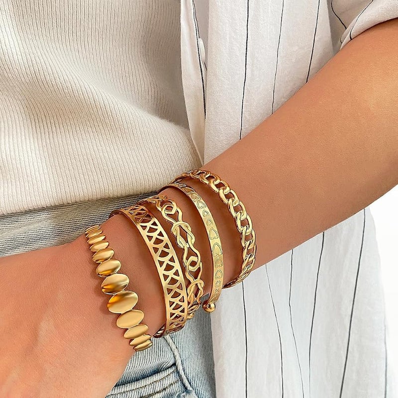 KASTWAVE 5 Pcs Gold Bangles for Women - Open Adjustable Multi-Layer Stackable Cuff Bracelet Set, Fashion Costume Jewelry Gift - Image 3