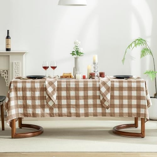 EVERLY 100 YarnDyed Linen Rectangle Tablecloths 60x84Inches for DiningBuffet PartiesPicnicEvents and RestaurantsDecorative HalloweenThanksgiving Machine Washable TableclothsBrown Plaid - Image 1