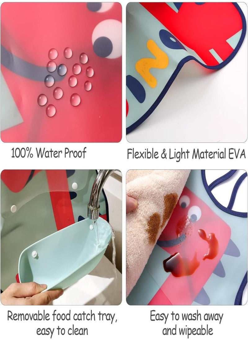 2 Pack Waterproof Baby Bibs, Toddler Waterproof Bib Set with Crumb Catcher Pocket, Vest Type with Adjustable Easy Wear, Removable Stay-open Catch Tray, Bib from 6 Months to 3 Years Old