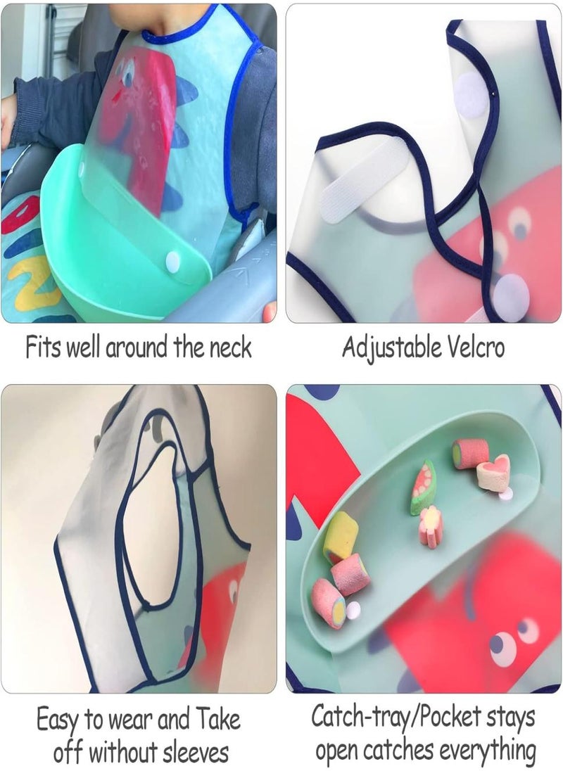 2 Pack Waterproof Baby Bibs, Toddler Waterproof Bib Set with Crumb Catcher Pocket, Vest Type with Adjustable Easy Wear, Removable Stay-open Catch Tray, Bib from 6 Months to 3 Years Old