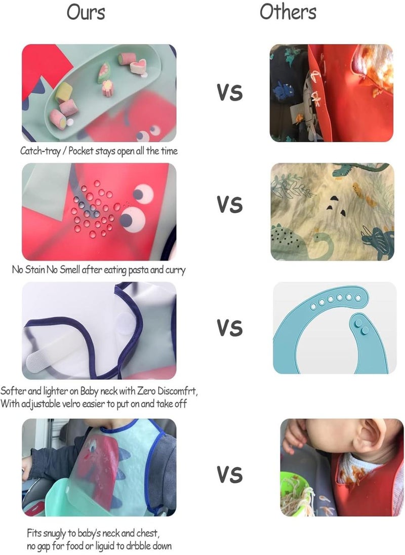 2 Pack Waterproof Baby Bibs, Toddler Waterproof Bib Set with Crumb Catcher Pocket, Vest Type with Adjustable Easy Wear, Removable Stay-open Catch Tray, Bib from 6 Months to 3 Years Old