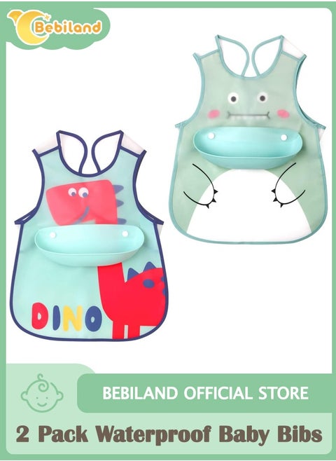 2 Pack Waterproof Baby Bibs, Toddler Waterproof Bib Set with Crumb Catcher Pocket, Vest Type with Adjustable Easy Wear, Removable Stay-open Catch Tray, Bib from 6 Months to 3 Years Old