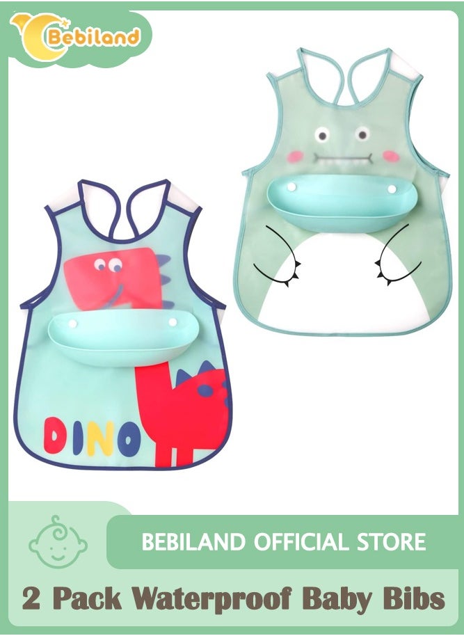 2 Pack Waterproof Baby Bibs, Toddler Waterproof Bib Set with Crumb Catcher Pocket, Vest Type with Adjustable Easy Wear, Removable Stay-open Catch Tray, Bib from 6 Months to 3 Years Old