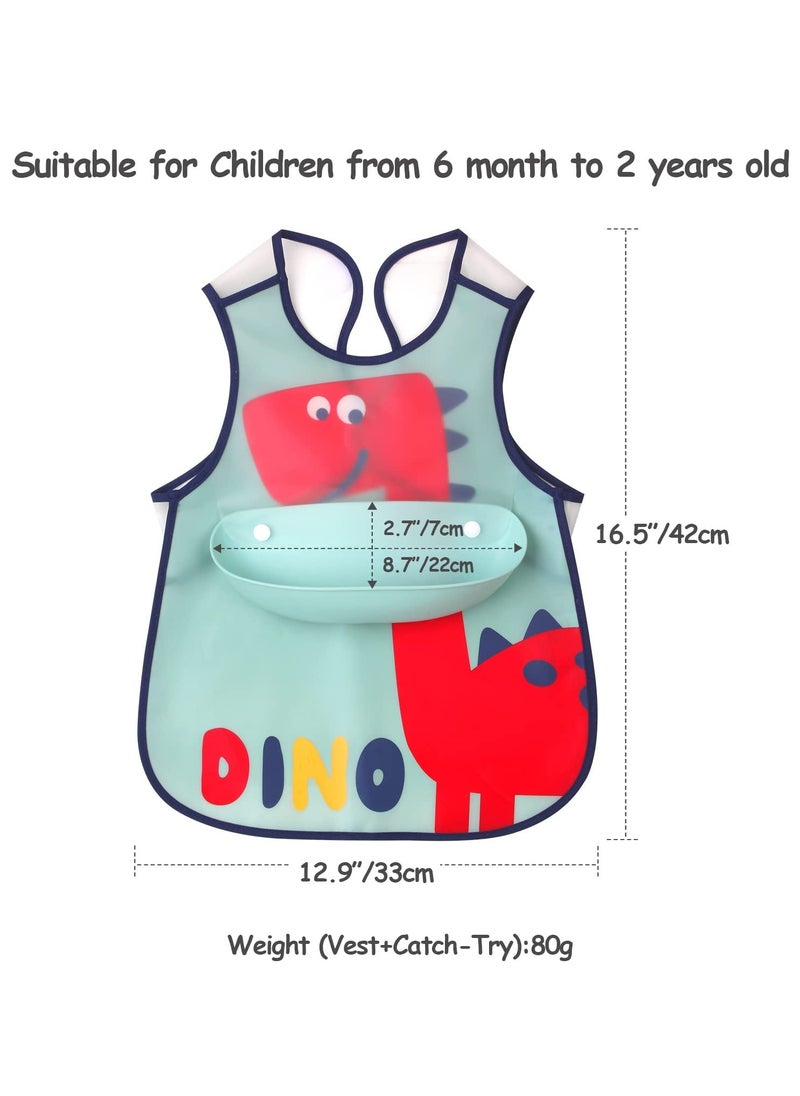 2 Pack Waterproof Baby Bibs, Toddler Waterproof Bib Set with Crumb Catcher Pocket, Vest Type with Adjustable Easy Wear, Removable Stay-open Catch Tray, Bib from 6 Months to 3 Years Old
