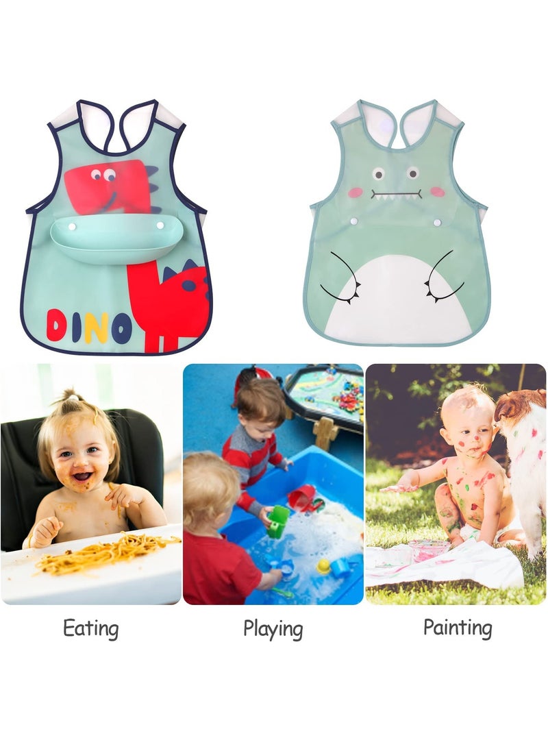 2 Pack Waterproof Baby Bibs, Toddler Waterproof Bib Set with Crumb Catcher Pocket, Vest Type with Adjustable Easy Wear, Removable Stay-open Catch Tray, Bib from 6 Months to 3 Years Old
