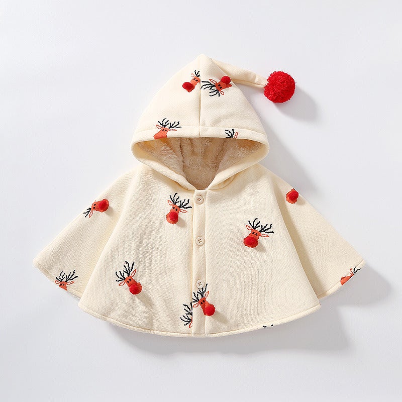 Baby Cloak Autumn and Winter Korean Style Cartoon Christmas Reindeer Fleece-Lined Warm Thickened Coat Children''s Cape Cloak Style - Image 3