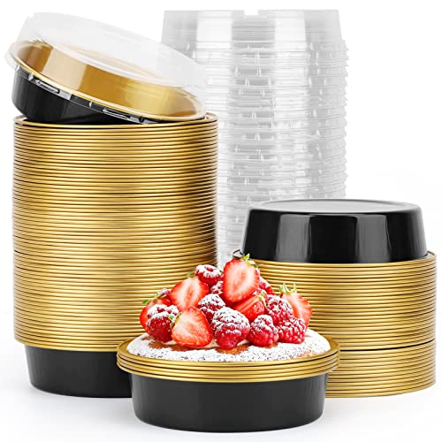 Beasea Aluminum Cupcake Pans With Lids 4 Inch 100 Pack Disposable Pie Pans For Cake 8 Oz Aluminum Pie Pan Tin Black Golden Tart Pans Round Oven Baking Mini Cake Pan For Pie Tart Quiche