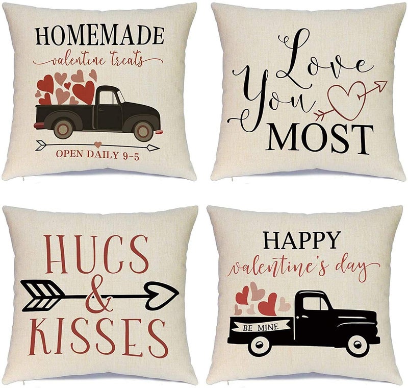 Hlonon Valentines Day Pillow Covers 20 x 20 Inches Set of 4 - Red Heart Truck Decor and Love Arrow Decor Throw Pillow Covers for Sofa Couch Cushion Cover - Image 1