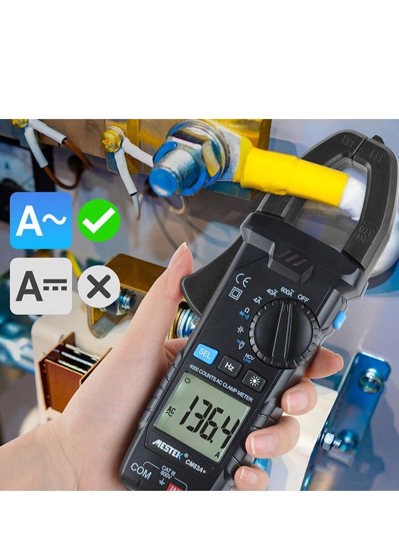 MESTEK Smart Digital Clamp Meter Tester 600A Current 600V AC/DC Voltage&Current Capacitance Resistance Continuity Measurement Data Hold Backlight NCV Live Wire Multimeter CM83A+(Black) - Image 2