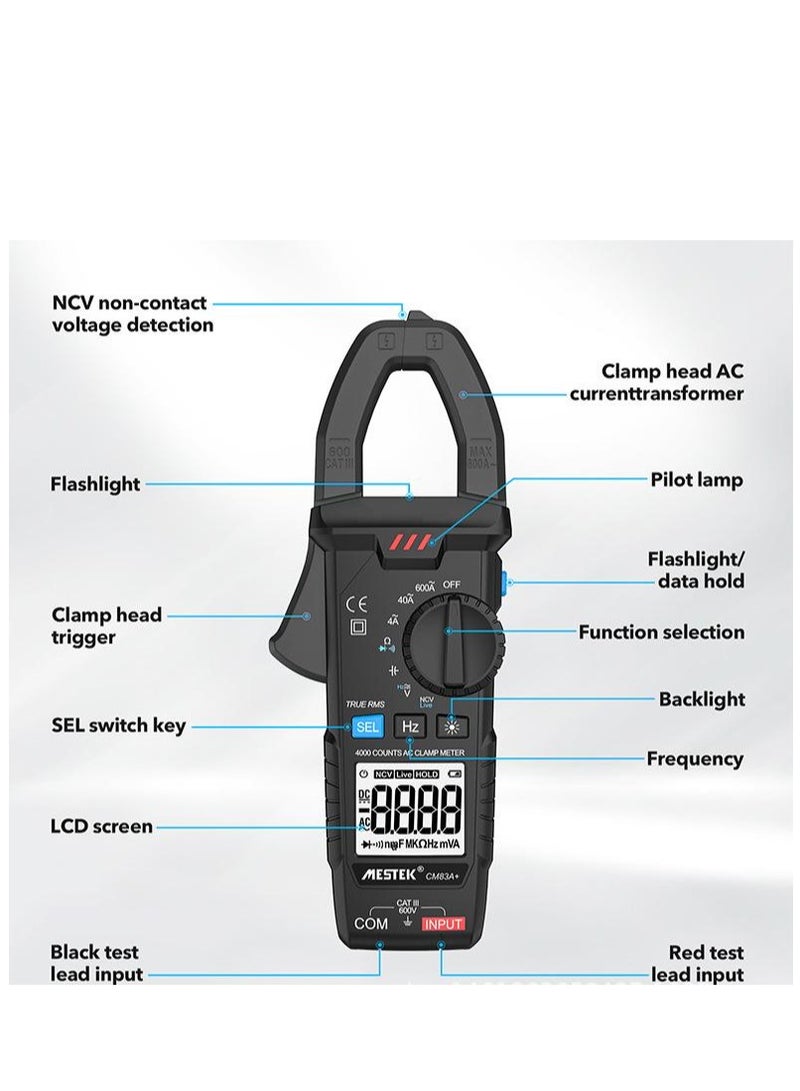 MESTEK Smart Digital Clamp Meter Tester 600A Current 600V AC/DC Voltage&Current Capacitance Resistance Continuity Measurement Data Hold Backlight NCV Live Wire Multimeter CM83A+(Black) - Image 3
