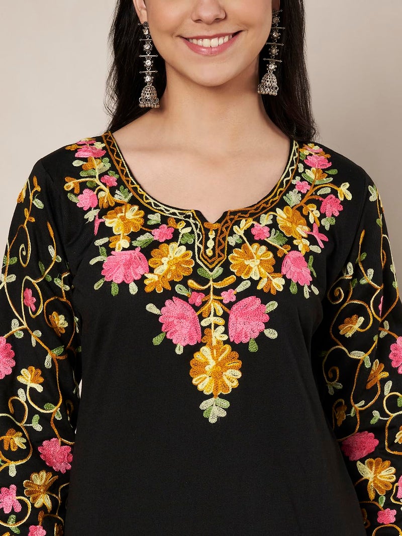 TREND LEVEL Winter Warm Woolen Embroidery Kurta/Kurti for Women's (Multi Flower) (in, Alpha, M, Black) - Image 4