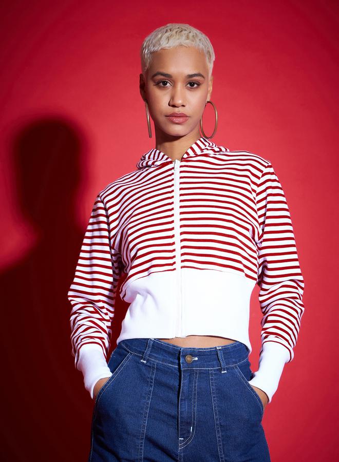 SASSAFRAS Striped Fleece Hooded Jacket with Contrast Hem - Image 1