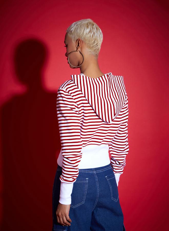 SASSAFRAS Striped Fleece Hooded Jacket with Contrast Hem - Image 5