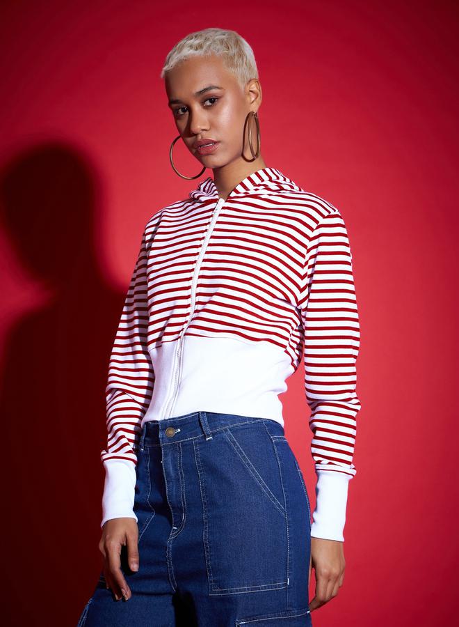 SASSAFRAS Striped Fleece Hooded Jacket with Contrast Hem - Image 3