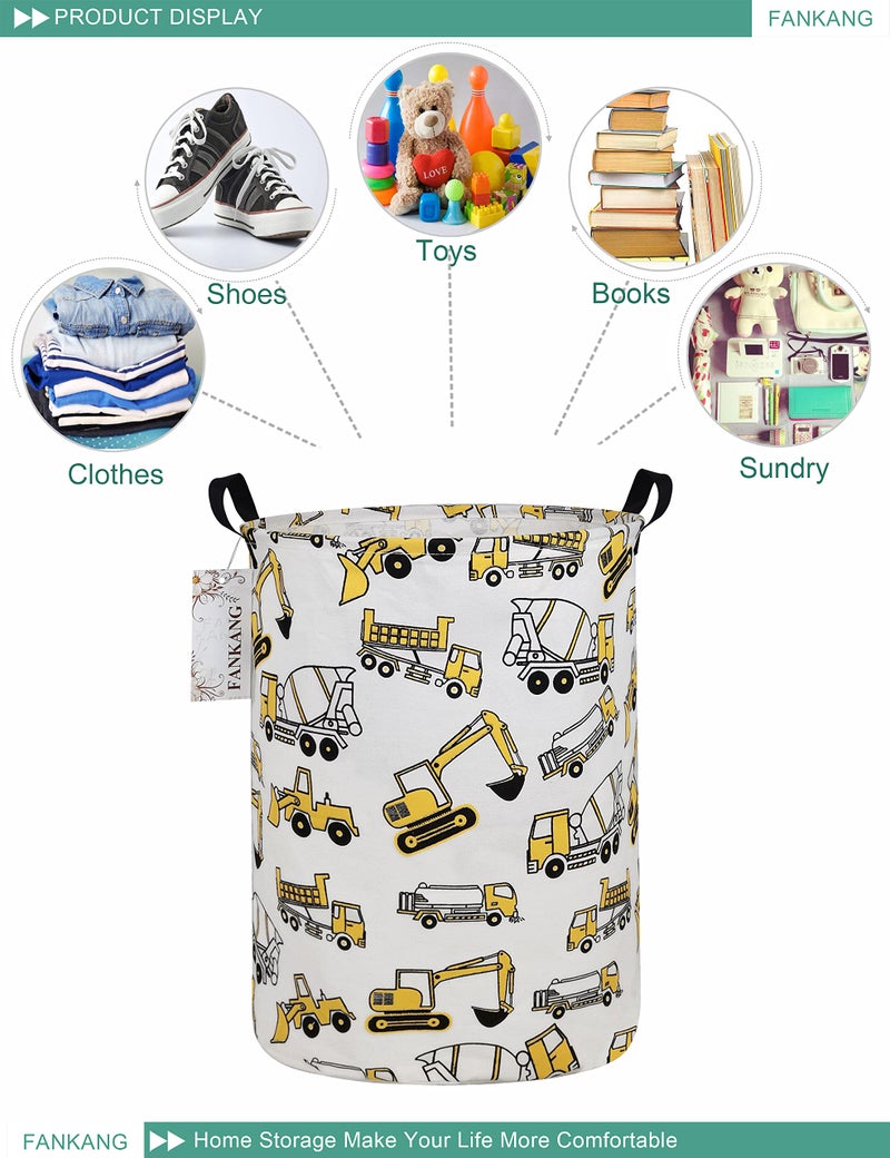 FANKANG Storage Basket, Nursery Hamper Canvas Laundry Basket Foldable with Waterproof PE Coating Large Storage Baskets for Kids Boys and Girls, Office, Bedroom, Clothes,Toysï¼ˆexcavatorï¼‰ - Image 4