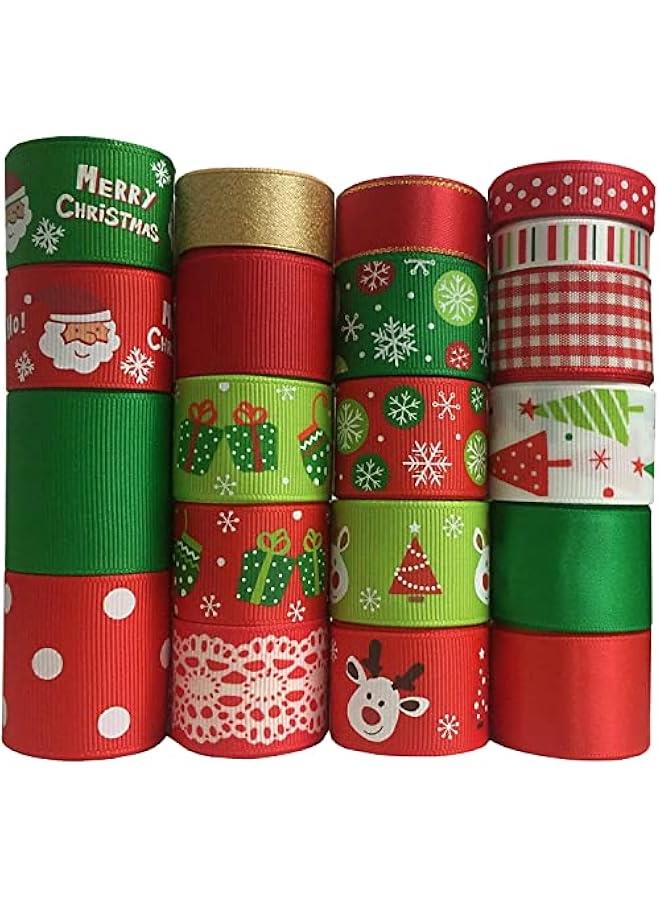Ribbon 20 Yards (20x1yd) 3/8 - 1.5 Printed Snowflake  Trees Santa Clause Pattern - Image 1