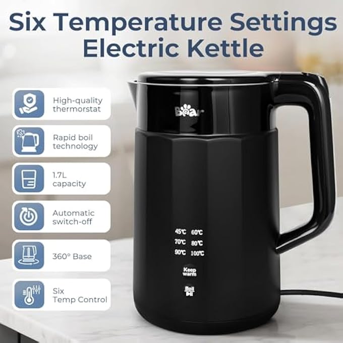 Bear Electric Kettle 1800W2200W 17L 45C~100C 6 Temperatures Control Kettle With AutoShut Off And Keep Warm Function304 Stainless Steel Dry Protection Bpa Free Smart Fast Boil Black Kettle - Image 3