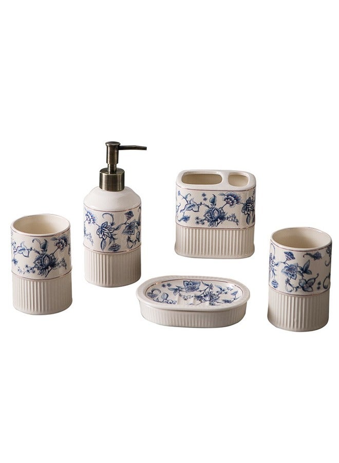 5 Piece Bathroom Set,Ceramic Material,Durable and Easy to Take Care Of,Including Mouthwash Cup/Soap Box/Dispenser Bottle/Toothbrush Cup,Suitable for Home/Hotel - Image 1