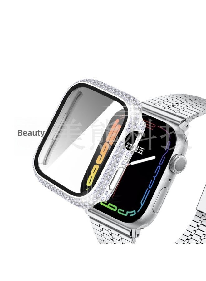 Applicable To For Apple For Apple Watch7/8 Generation Full Diamond Integrated Shell Electroplating Pc Full Diamond + Tempered Film Integrated Case-Color:Silver-full Diamond Integrated-Appearance Size:41mm - Image 1