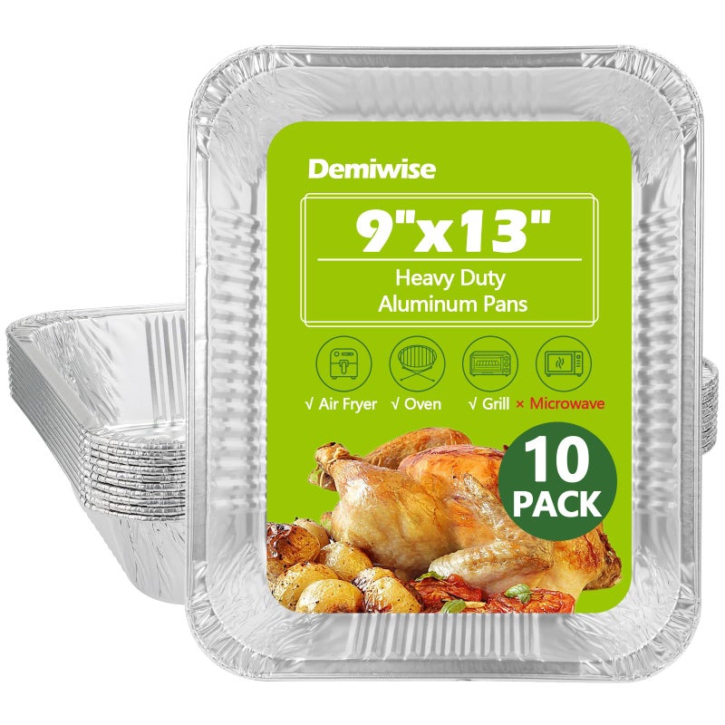 Demiwise Thickened 10 Pack Heavy Duty Aluminum Pans, 9x13 Aluminum Foil Pans Disposable, Half Size Steam Table Foil Baking Tray for Cooking, Baking, Roasting & Chafing, Carton Packaging - Image 1