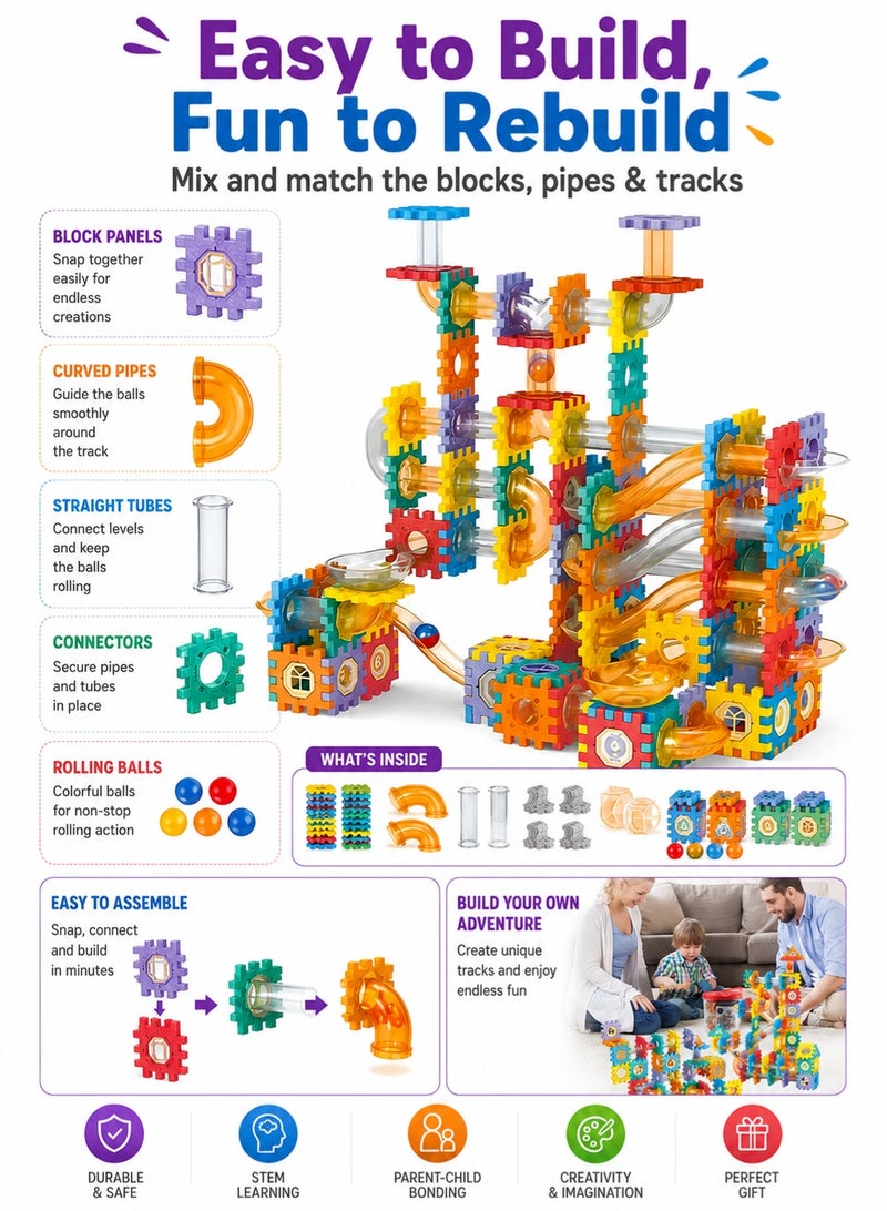 UV Enterprises 125 PCS Pipeline Rolling Ball Building Blocks Set for Kids | Construction Blocks Ball Track | Educational Learning Toy | Interactive Preschool Activity Game 3+ Year Kids Engineering Toy for Brain Development - Image 5