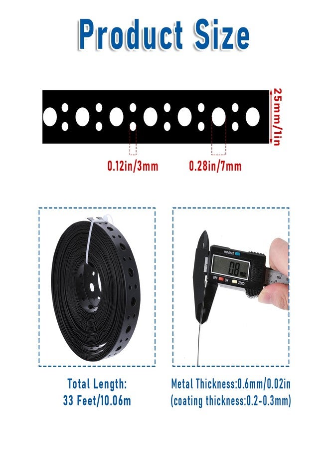 EupHHonycs Metal Strap 1-Inch x 33FT 0.6mm Bendable Pipe Hanger Thin Metal Strapping with Holes Plumbers Strap Flexible Trimming for Pipe Supports Hanging, Black - Image 2