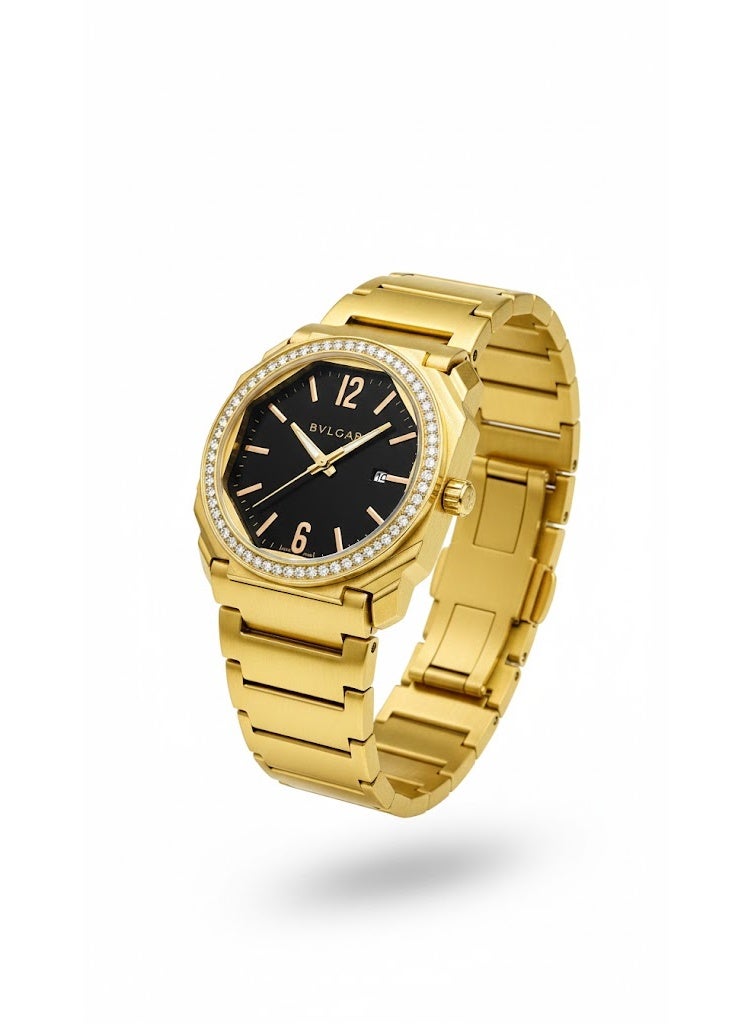 بولغاري ساعة بولغاري نسائية من الفولاذ المقاوم للصدأ بلون ذهبي مع مينا أسود وإطار مرصع بالألماس