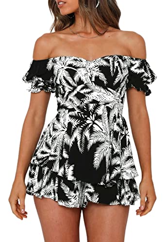 Fixmatti Womens Boho Romper Short Sleeve Off Shoulder High-Waisted Chiffon Shorts Jumpsuit Black and White M - Image 1