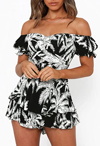 Fixmatti Womens Boho Romper Short Sleeve Off Shoulder High-Waisted Chiffon Shorts Jumpsuit Black and White M - Image 2