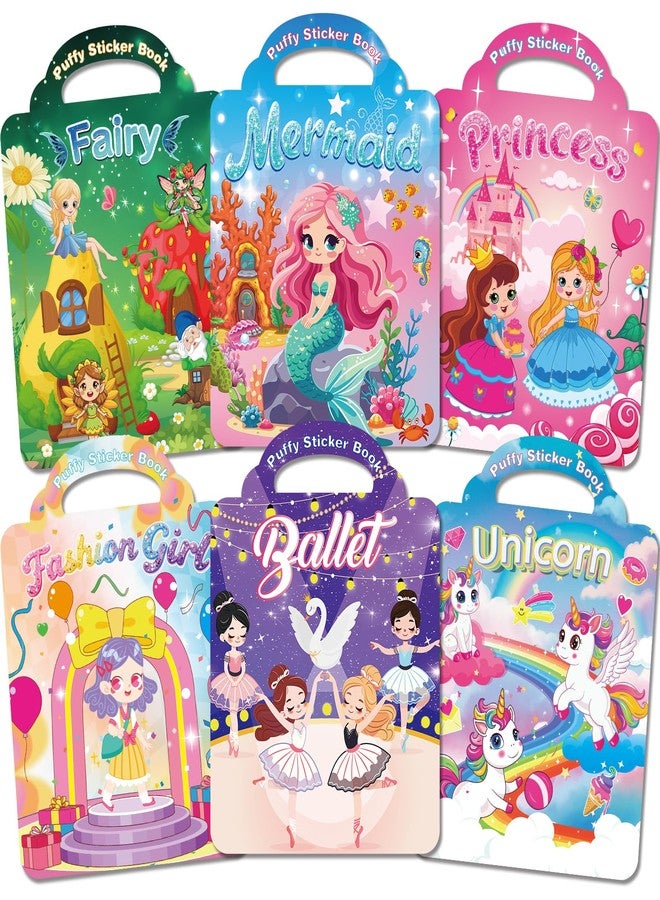Kalysky 6 Set Puffy Reusable Sticker Books for Kids 2-4,3D Sticker Books for Toddlers 1-3,Travel Activity Books 6 Themes Princess+Unicorn+Mermaid+Ballet+Fariy+Fashion Girl Stickers for Girls - Image 1