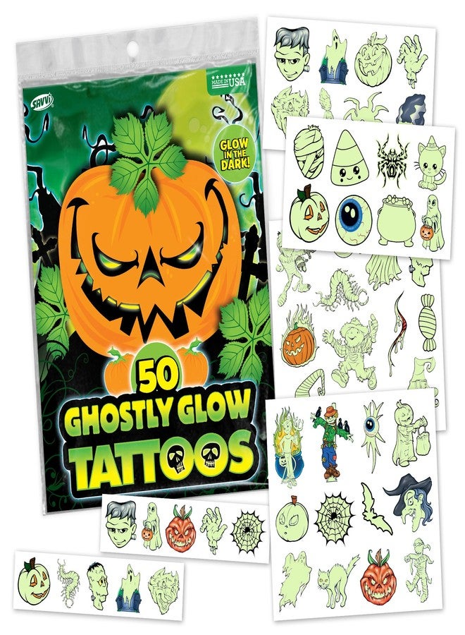 SAVVi Glow in the Dark Ghost Temporary Tattoos - 50 Pack Halloween Tattoos for Kids, Spooky Party Favors, Non-Toxic & Easy to Apply, Fun Trick-or-Treat Handouts - Image 1