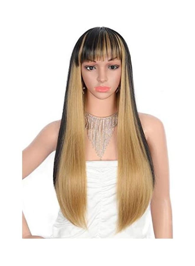 Kalyss 28 Inches Women's Silky Long Straight Black Mixed Blonde Wig Black and Gold 28inch